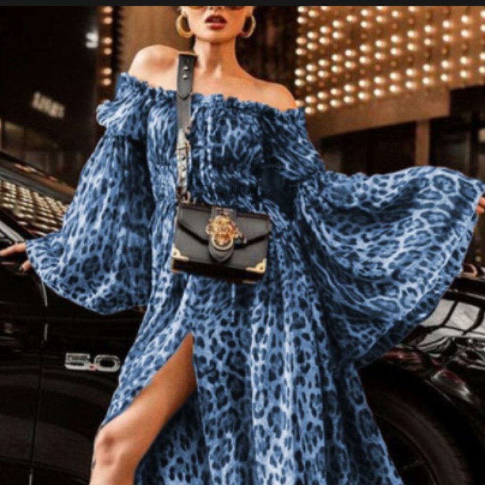 Blue, leopard print, satin party dress